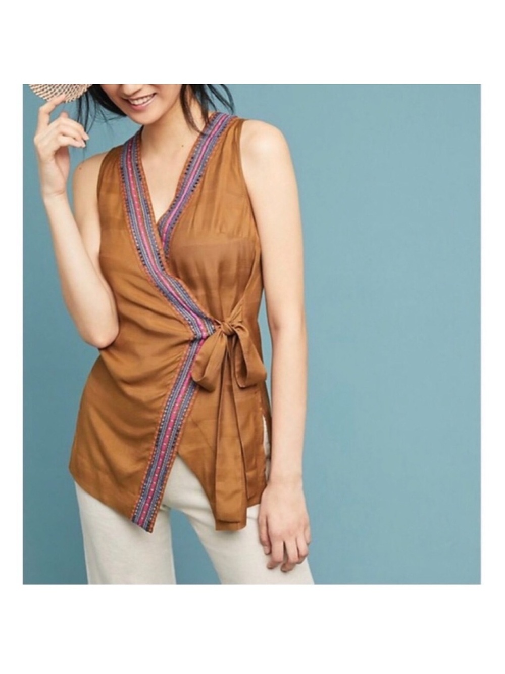 Anthropologie Maeve Liviana Wrap Tunic Top Embroidered Honey Brown Retro